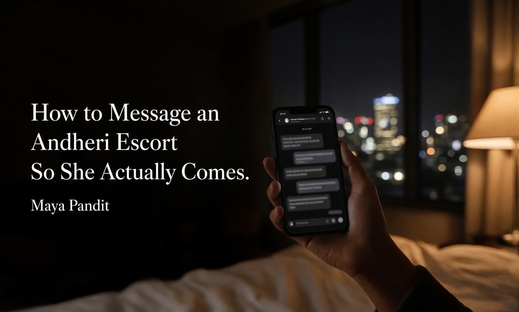 Phone in a dark Andheri hotel room at night, blog banner for how to message an escort so she comes