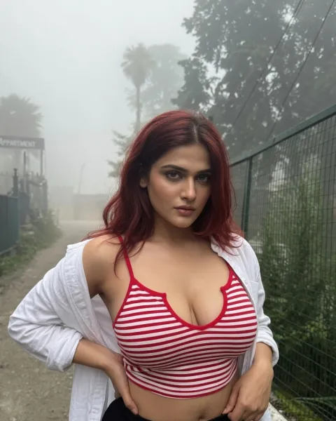 Sanya, an escort in Worli, a young woman with long dark hair and a soft smile, seated by a window in a simple dress, looking at the camera like she already knows what you want.